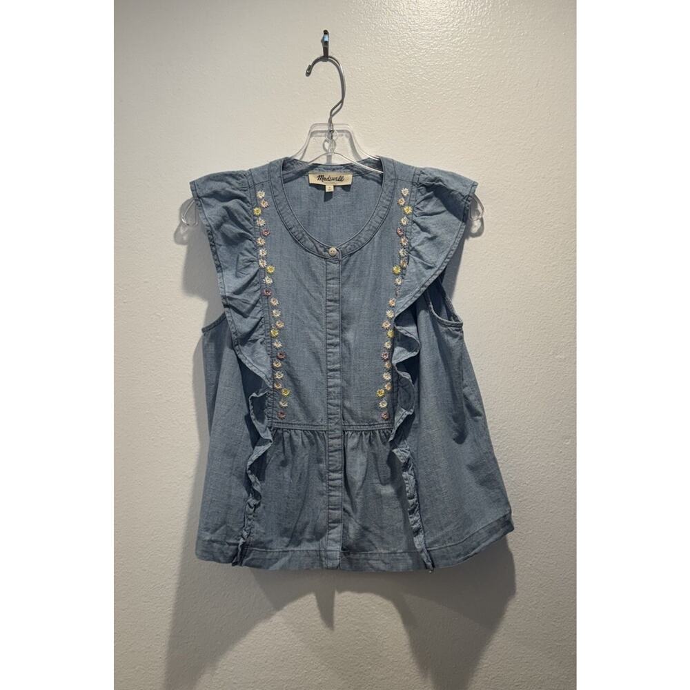 Madewell Light Blue Denim Ruffle Tank with Embroidered Flowers